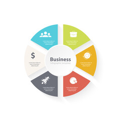 Circle infographic with 6 steps or options. Infographics template for business concept with arrow can be used for layout, presentations, banner, round diagram or graph. Vector illustration