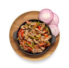 Frying pan with tasty beef Fajita and vegetables on white background