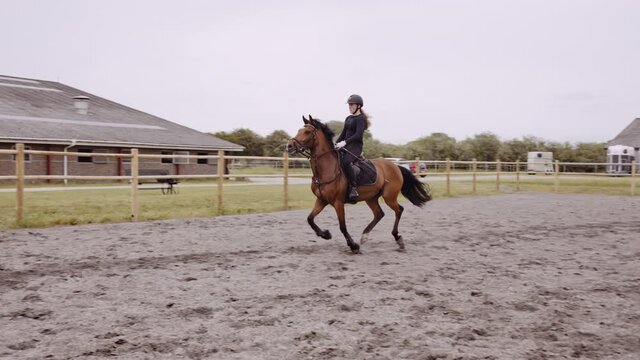Young Woman Horse Jumping Over A Fence In Paddock