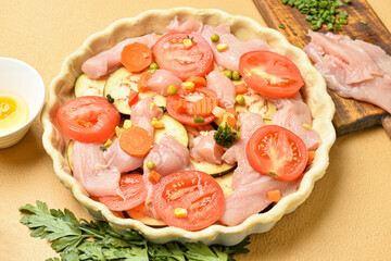 Uncooked pot pie with chicken and vegetables on color background