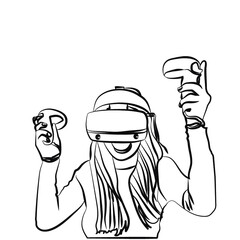 Cheerful young woman enjoying VR gameplay- line art stock illustration