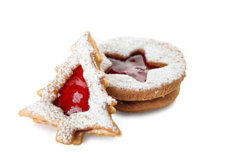 Tasty Linzer cookies on white background