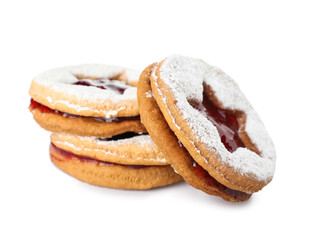 Tasty Linzer cookies on white background