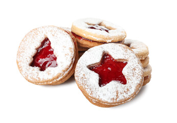 Tasty Linzer cookies on white background