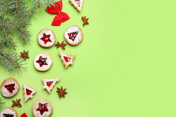 Tasty Linzer cookies on color background