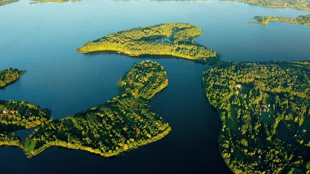 Old Lyepyel, Lepel Lake, Beloozerny District, Vitebsk Region. Aerial View Of Residential Area With Houses In Countryside. Morning Fog Above Lepel Lake. Top View Of European Nature From High Attitude