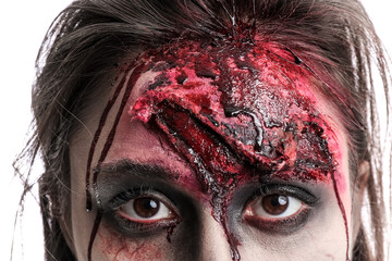 Scary zombie woman on white background, closeup © Pixel-Shot