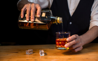 Bartender Serve Whiskey, on wood bar, 