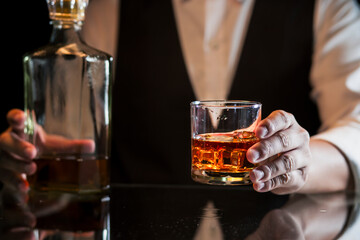 Bartender Serve Whiskey, on wood bar, 