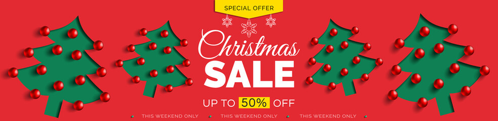 christmas sale red banner design with spruce trees paper cut vector illustration - 460730316