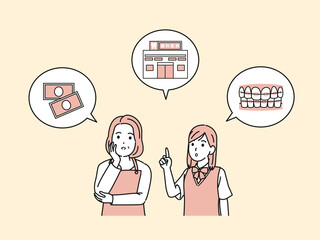娘の歯科矯正を考える母親　歯列矯正　歯医者　歯並び　学生　中高生　イラスト素材
