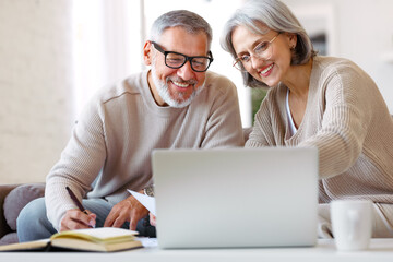 Smiling senior couple reading notification letter with good news from bank while sitting with laptop
