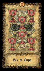 Six of cups. Minor Arcana tarot card with skull over antique background.