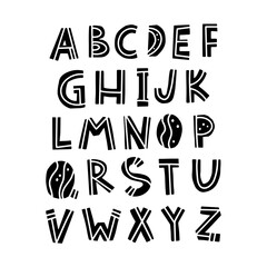 English cartoon alphabet. Nordic scandinavian ABC. Cute black latin ABC, hand drawn type. Vector illustration.