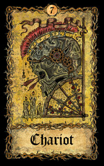 Chariot. Major Arcana tarot card with skull over antique background.