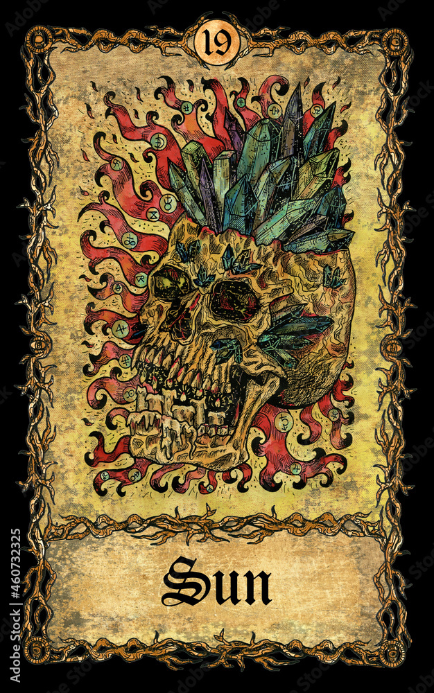 Wall mural sun. major arcana tarot card with skull over antique background.