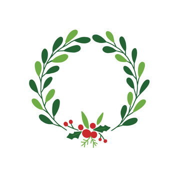 Holly Christmas wreath hand drawn illustration , Red and green flower decoration circle frame for text