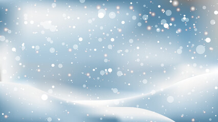 Fototapeta na wymiar Winter Christmas background with blue sky, snowfalls, snowflakes and, snowdrifts. Beautiful shining snowfalls. vector Illustration. Design of backdrop, banner, poster, newsletter, advertisement, sale.