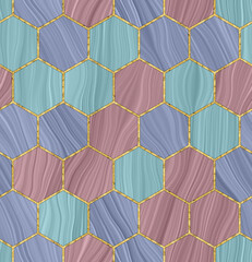 Hexagon seamless texture. Mosaic, inlay. Illustration in stained glass style. Art Deco style. Seamless chaotic hexagon pattern. For wallpaper, textile print, tile. Marble texture. Golden hexagons.