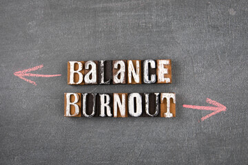 Balance and Burnout concept. Wooden letters on a chalk board