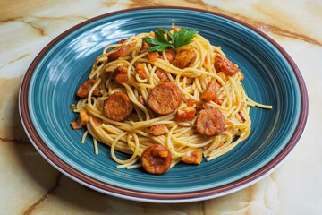 Amazonian Spaghetti, with jerky and chorizo. Peruvian Amazon cuisine.