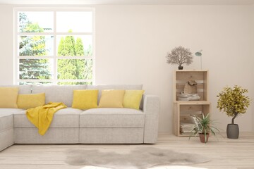 White living room with sofa and summer landscape in window. Scandinavian interior design. 3D illustration