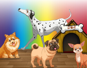 Domestic dogs cartoon character on rainbow gradient background