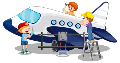 Children repairing airplane together on white background