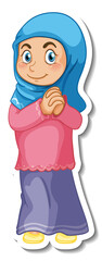 A sticker template with muslim woman cartoon character