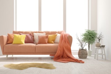 Fototapeta na wymiar White living room with orange sofa. Scandinavian interior design. 3D illustration