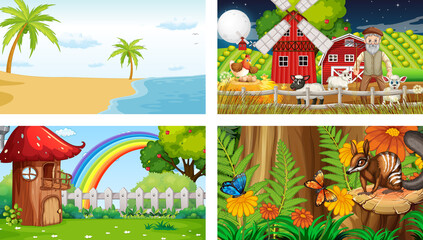 Four different scenes with various animals cartoon character