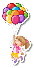 Fototapeta na wymiar Sticker template with a girl flying with many balloons isolated