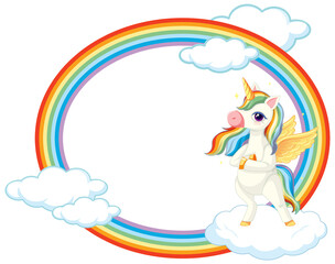 Rainbow frame with cute unicorn cartoon character