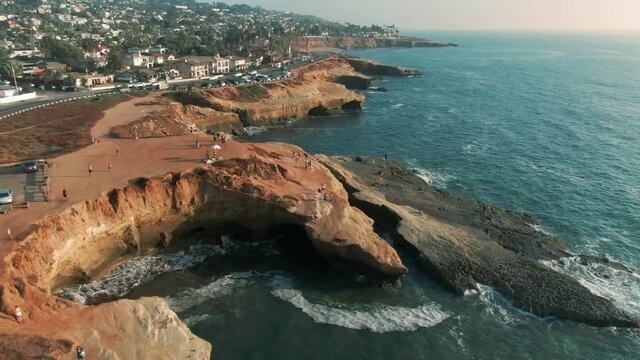Aerial: Tourists on the Sunset Cliffs. San Diego, California, USA