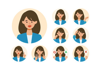 BusinessWoman cartoon character head collection set. People face profiles avatars and icons. Close up image of smiling Woman.