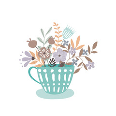 blooming flowers in cup isolated on white background.