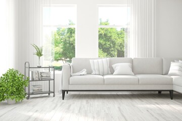 White living room with sofa and summer landscape in window. Scandinavian interior design. 3D illustration
