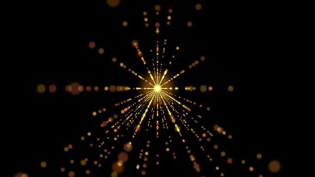 Abstract texture with yellow shiny particles in black background. Motion graphics of shiny light beams apear in speed from center.