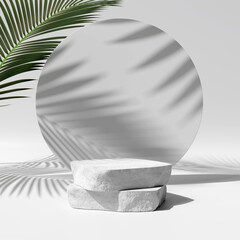 White product display podium with nature leaves. 3D rendering	