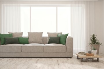 Modern living room in white color with sofa. Scandinavian interior design. 3D illustration
