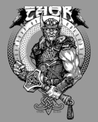 Thor. A hand-drawn drawing. Design for T-shirt - obrazy, fototapety, plakaty