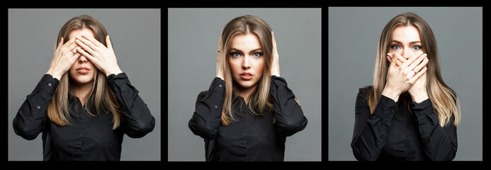 The young woman covered her eyes, mouth and ears with her hands. Beautiful blonde in a black shirt....