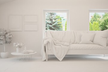 Mock up of stylish room in white color with sofa and green landscape in window. Scandinavian interior design. 3D illustration