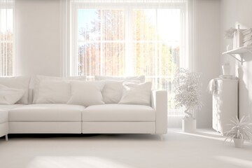 Mock up of minimalist living room in white color with sofa. Scandinavian interior design. 3D illustration