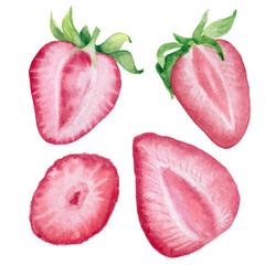 Watercolor strawberry clipart set. Hand drawn food illustration.  Isolated clipart element on white background.