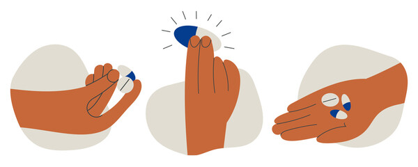 Set of hands holding pills tablet drugs capsules or vitamins by two fingers and in open palm. Pharmacy, drug store, medicine. Human character hand holding medical pills. Vector cartoon illustration