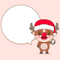 Cute reindeer with phone and bubble speech cartoon character illustration