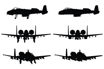 Military attack aircraft silhouette vector on white background, military vehicle technology, set of air force weapon in black and white.