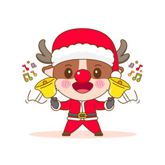 Cute reindeer in santa costume playing bells cartoon character illustration
