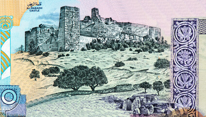 the Al-Rabadh castle, a 12th-century Muslim castle located in northwestern Jordan. Portrait from Jordan 10 Dinars 1992 Banknotes.